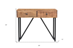 Homeroots 36" Natural And Black Solid Wood Distressed Frame Console Table And Drawers   488797