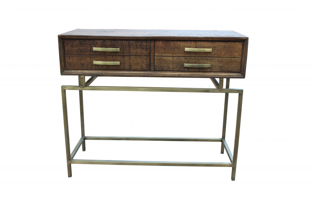 Homeroots 36" Brown And Brass Solid Wood Distressed Frame Console Table With Storage   488798
