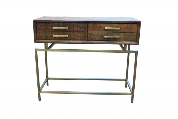 Homeroots 36" Brown And Brass Solid Wood Distressed Frame Console Table With Storage   488798