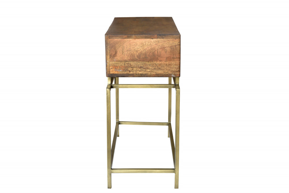 Homeroots 36" Brown And Brass Solid Wood Distressed Frame Console Table With Storage   488798