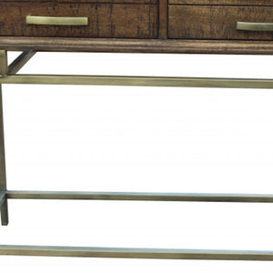 Homeroots 36" Brown And Brass Solid Wood Distressed Frame Console Table With Storage   488798