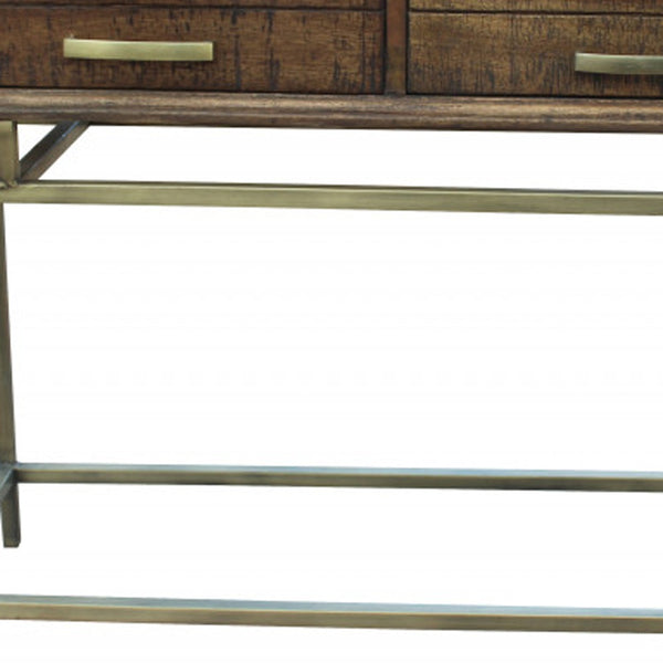 Homeroots 36" Brown And Brass Solid Wood Distressed Frame Console Table With Storage   488798