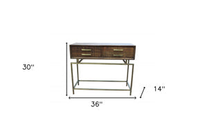 Homeroots 36" Brown And Brass Solid Wood Distressed Frame Console Table With Storage   488798