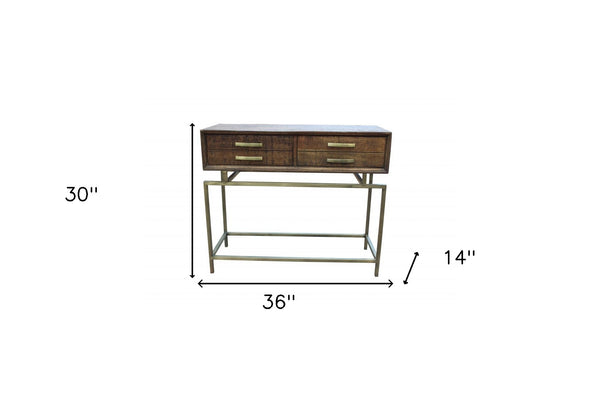 Homeroots 36" Brown And Brass Solid Wood Distressed Frame Console Table With Storage   488798