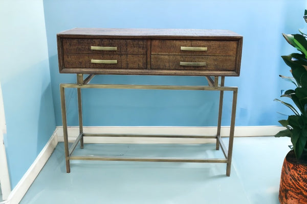 Homeroots 36" Brown And Brass Solid Wood Distressed Frame Console Table With Storage   488798