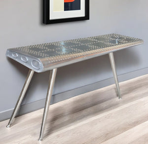 Homeroots 56" Silver Aluminum Three Leg Console Table   488799