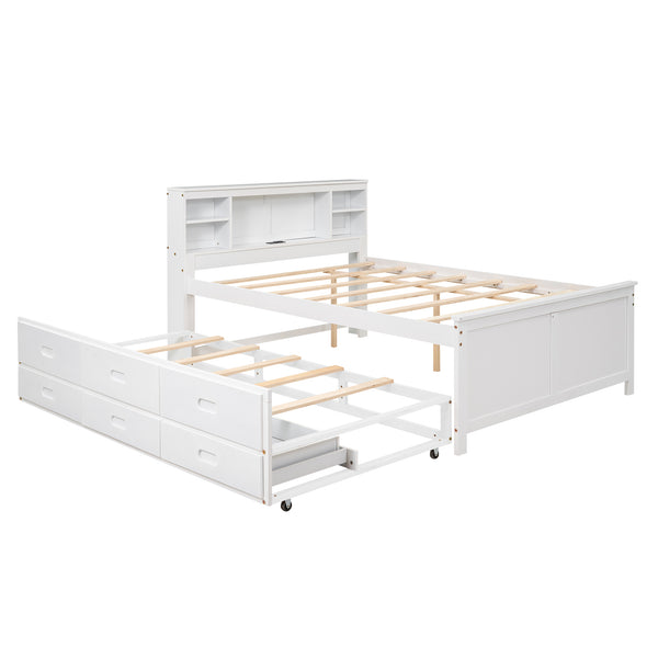 English Elm Full Full Size Platform Bed with Storage Headboard, USB Ports, Twin Trundle & 3 Drawers, Solid Wood White GX000720AAK