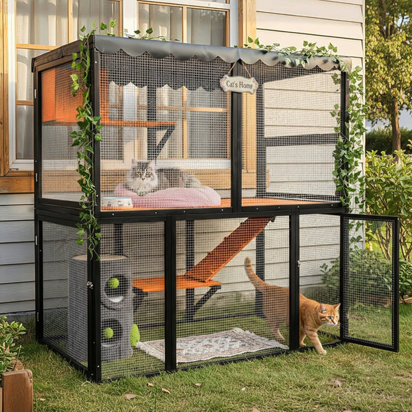 English Elm Wooden Walk-in Catio Enclosure for Multiple Cats with 4 Tier Levels and Waterproof Roof W3166P442040