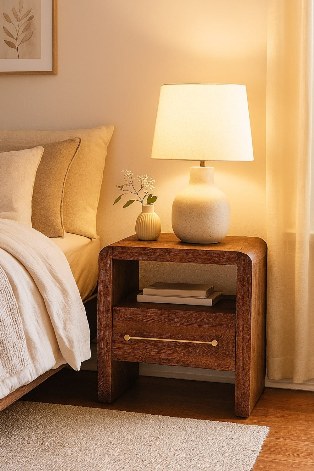 English Elm Solid Wood Curved Edge Bedside Table - Elegant Brown Finish, 1 Drawer & 1 Open Shelf For Storage B182P372167-GIGA