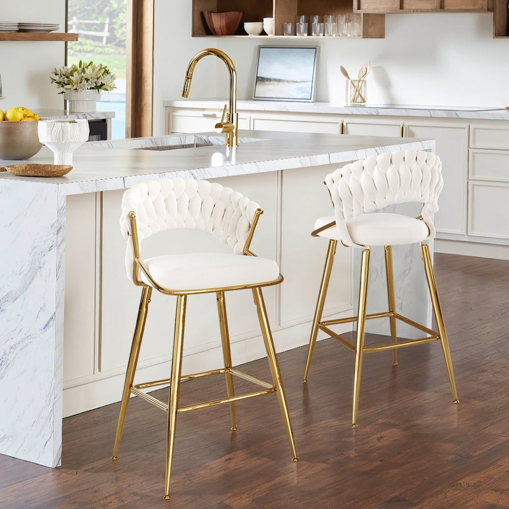 English Elm Counter Height Stools Set of 2 Mid-century Metal Legs Ergonomic Kitchen Island Seating Beige T3623P430873