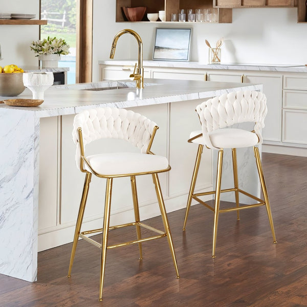 English Elm Counter Height Stools Set of 2 Mid-century Metal Legs Ergonomic Kitchen Island Seating Beige T3623P430873