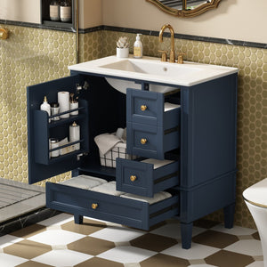 English Elm 30 30 Inch Bathroom Vanity with Ceramic Sink, Modern Compact 3-Drawer Storage Cabinet for Small Baths Blue N710P247499C