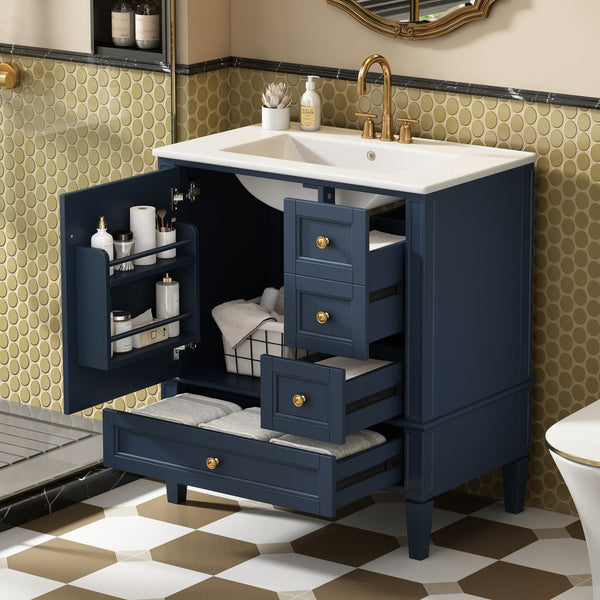 English Elm 30 30 Inch Bathroom Vanity with Ceramic Sink, Modern Compact 3-Drawer Storage Cabinet for Small Baths Blue N710P247499C