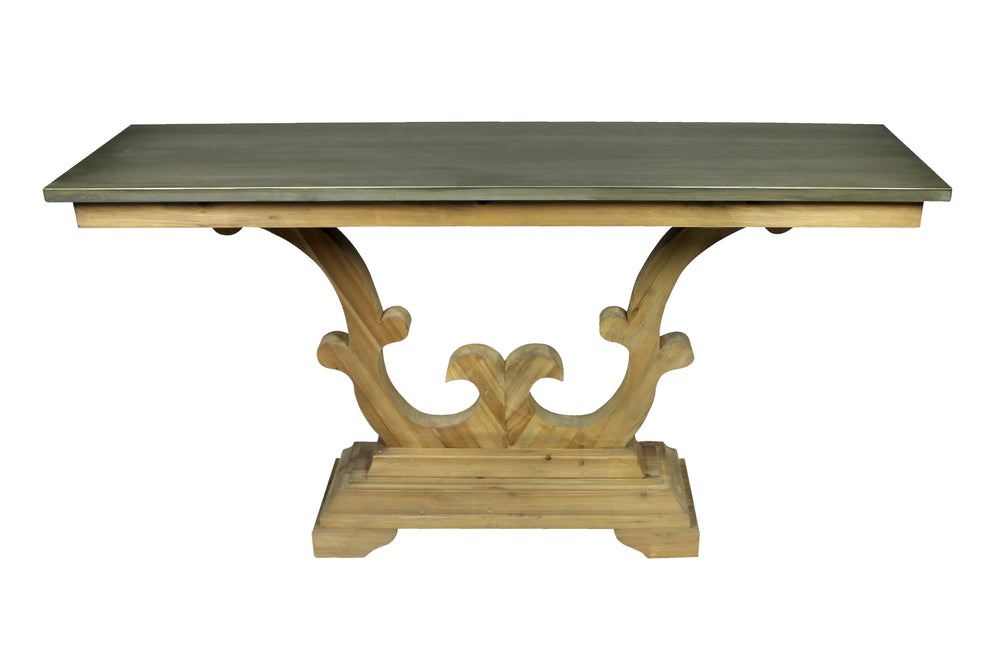 Homeroots 63" Gray And Natural Zinc Distressed Trestle Console Table   488801