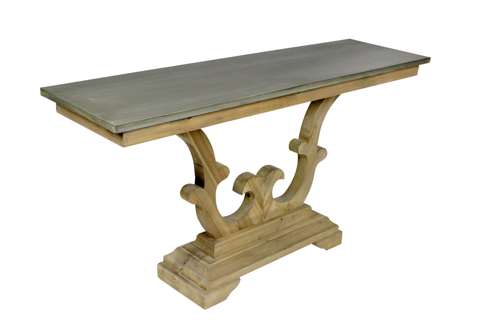 Homeroots 63" Gray And Natural Zinc Distressed Trestle Console Table   488801