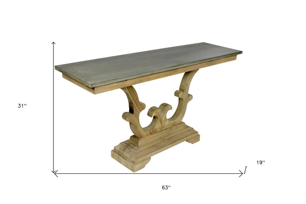 HomeRoots 63" Gray and Natural Distressed Trestle Console Table - Rustic Industrial Design for Versatile Spaces 488801