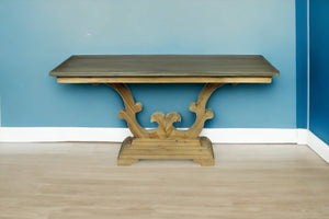 Homeroots 63" Gray And Natural Zinc Distressed Trestle Console Table   488801