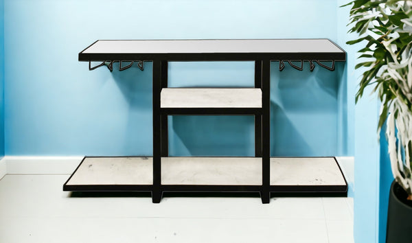 Homeroots 58" White And Black Glass Floor Shelf Console Table With Shelves   488804