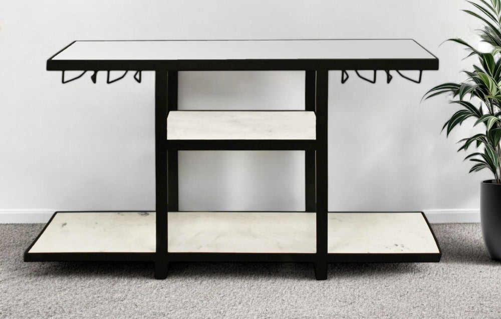 HomeRoots 58" White Marble Top Console Table with Black Metal Frame and Two Shelves for Stylish Storage 488804