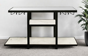 HomeRoots 58" White Marble Top Console Table with Black Metal Frame and Two Shelves for Stylish Storage 488804