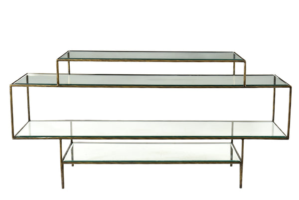 Homeroots 60" Clear And Gold Glass Floor Shelf Console Table With Storage   488805