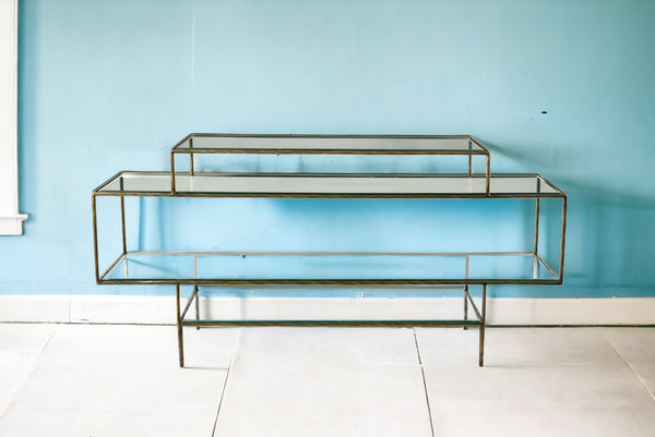 Homeroots 60" Clear And Gold Glass Floor Shelf Console Table With Storage   488805