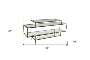 HomeRoots 60" Clear and Gold Glass Console Table – Chic Modern Design with 3-Tiered Shelves for Stylish Storage 488805