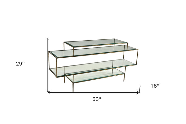 HomeRoots 60" Clear and Gold Glass Console Table – Chic Modern Design with 3-Tiered Shelves for Stylish Storage 488805