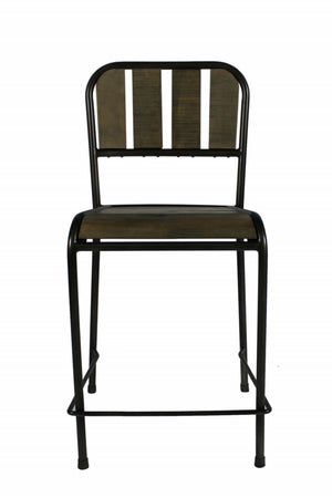 HomeRoots 25" Brown and Black Iron Counter Height Bar Chair - Rustic Reclaimed Wood Seat for Modern Spaces 488813