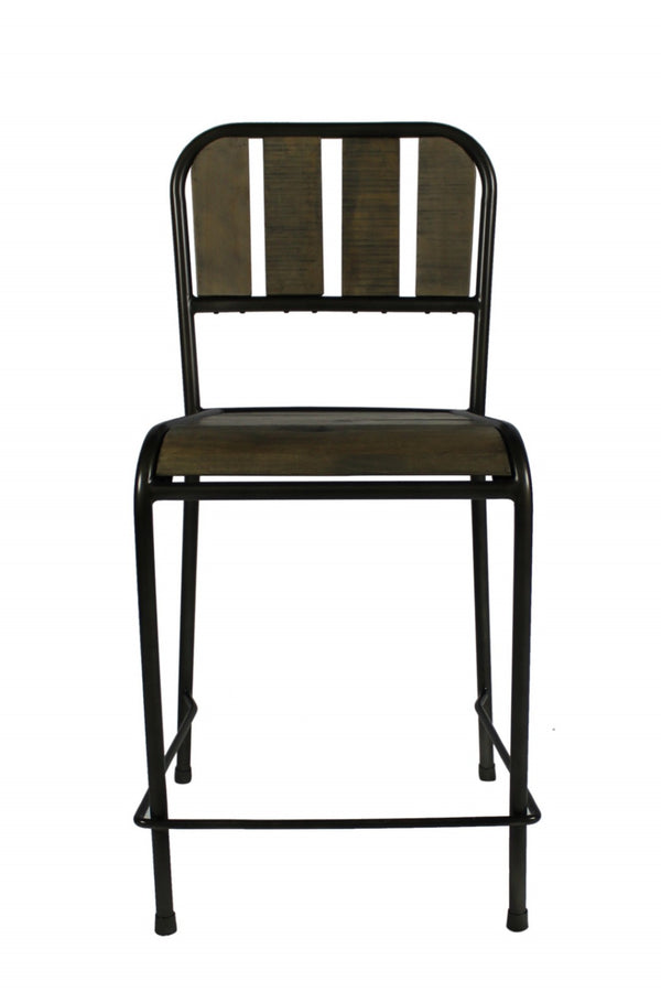 HomeRoots 25" Brown and Black Iron Counter Height Bar Chair - Rustic Reclaimed Wood Seat for Modern Spaces 488813