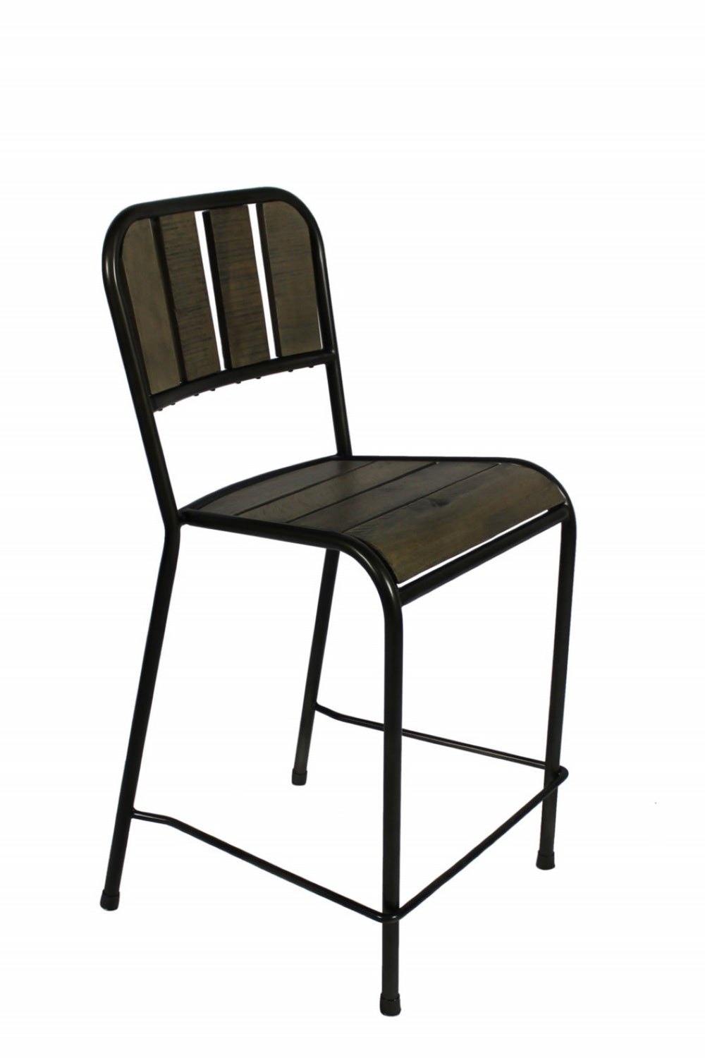 HomeRoots 25" Brown and Black Iron Counter Height Bar Chair - Rustic Reclaimed Wood Seat for Modern Spaces 488813
