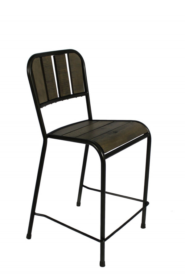 HomeRoots 25" Brown and Black Iron Counter Height Bar Chair - Rustic Reclaimed Wood Seat for Modern Spaces 488813