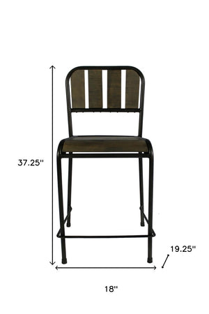 HomeRoots 25" Brown and Black Iron Counter Height Bar Chair - Rustic Reclaimed Wood Seat for Modern Spaces 488813
