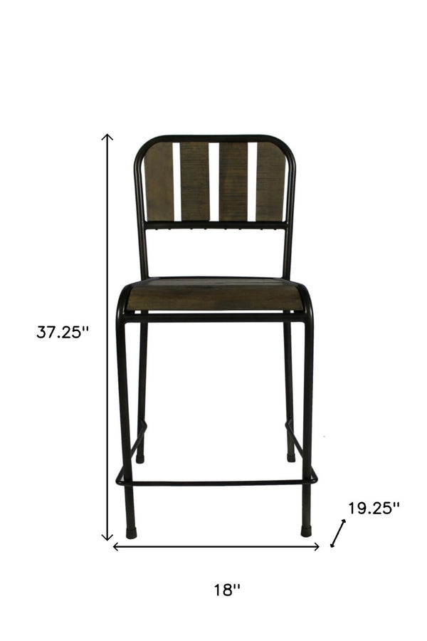 HomeRoots 25" Brown and Black Iron Counter Height Bar Chair - Rustic Reclaimed Wood Seat for Modern Spaces 488813