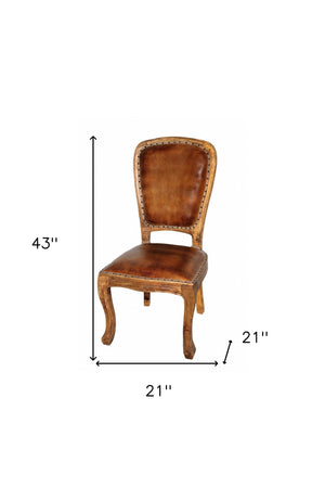 Homeroots Set Of Two Mahogany And Brown Upholstered Leather King Louis Back Dining Side Chairs   488825