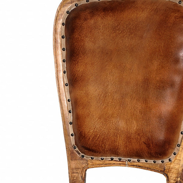 Homeroots Set Of Two Mahogany And Brown Upholstered Leather King Louis Back Dining Side Chairs   488825