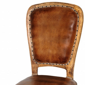 Homeroots Set Of Two Mahogany And Brown Upholstered Leather King Louis Back Dining Side Chairs   488825