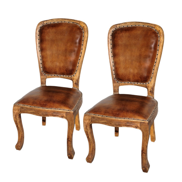 Homeroots Set Of Two Mahogany And Brown Upholstered Leather King Louis Back Dining Side Chairs   488825