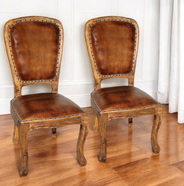 Homeroots Set Of Two Mahogany And Brown Upholstered Leather King Louis Back Dining Side Chairs   488825