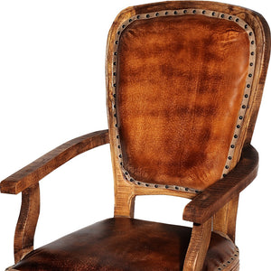 Homeroots Mahogany And Brown Upholstered Leather King Louis Back Dining Arm Chair  Wood 488826
