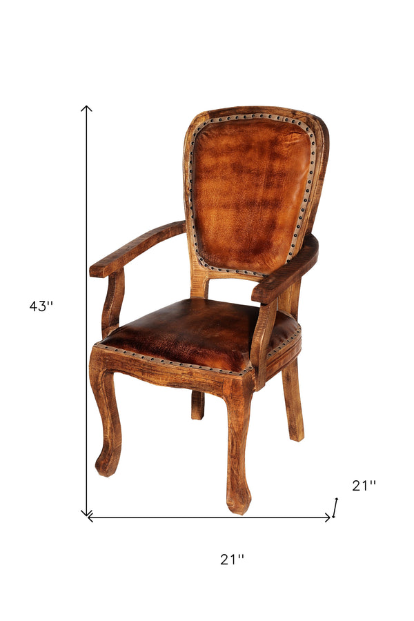 Homeroots Mahogany And Brown Upholstered Leather King Louis Back Dining Arm Chair  Wood 488826
