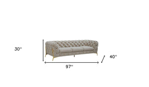 Homeroots 97" Beige Velvet Chesterfield Sofa With Gold Legs   488829