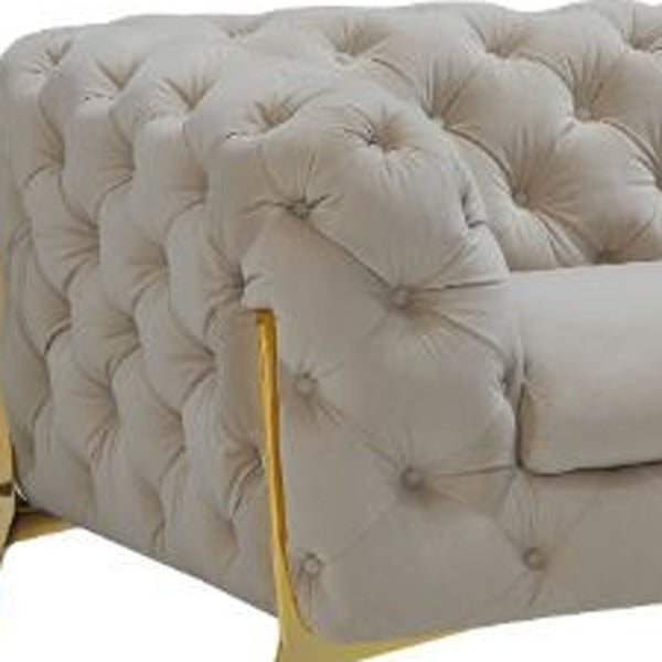 Homeroots 97" Beige Velvet Chesterfield Sofa With Gold Legs   488829