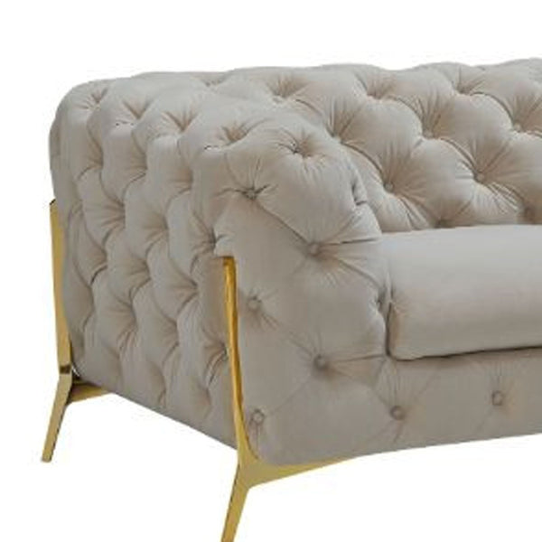 Homeroots 97" Beige Velvet Chesterfield Sofa With Gold Legs   488829