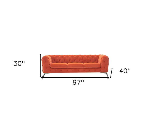 Homeroots 97" Orange Fabric Chesterfield Sofa With Silver Legs   488834