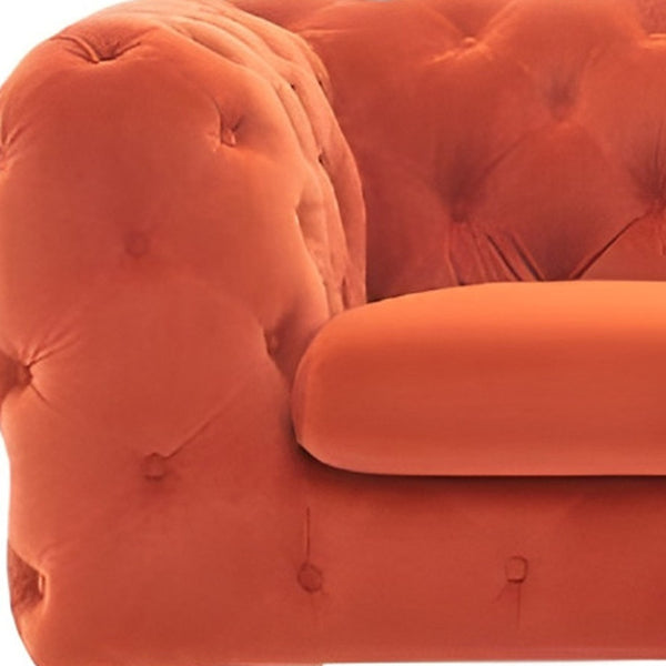 Homeroots 97" Orange Fabric Chesterfield Sofa With Silver Legs   488834
