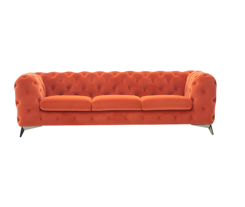 Homeroots 97" Orange Fabric Chesterfield Sofa With Silver Legs   488834