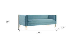 Homeroots 83" Teal Blue Velvet Sofa With Gold Legs   488837