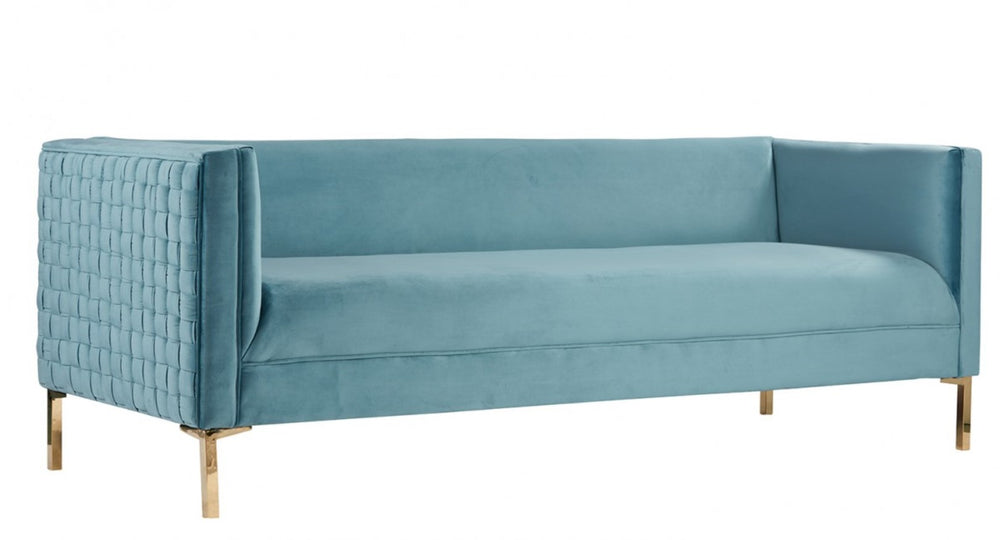 Homeroots 83" Teal Blue Velvet Sofa With Gold Legs   488837