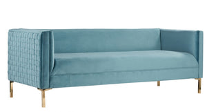 Homeroots 83" Teal Blue Velvet Sofa With Gold Legs   488837